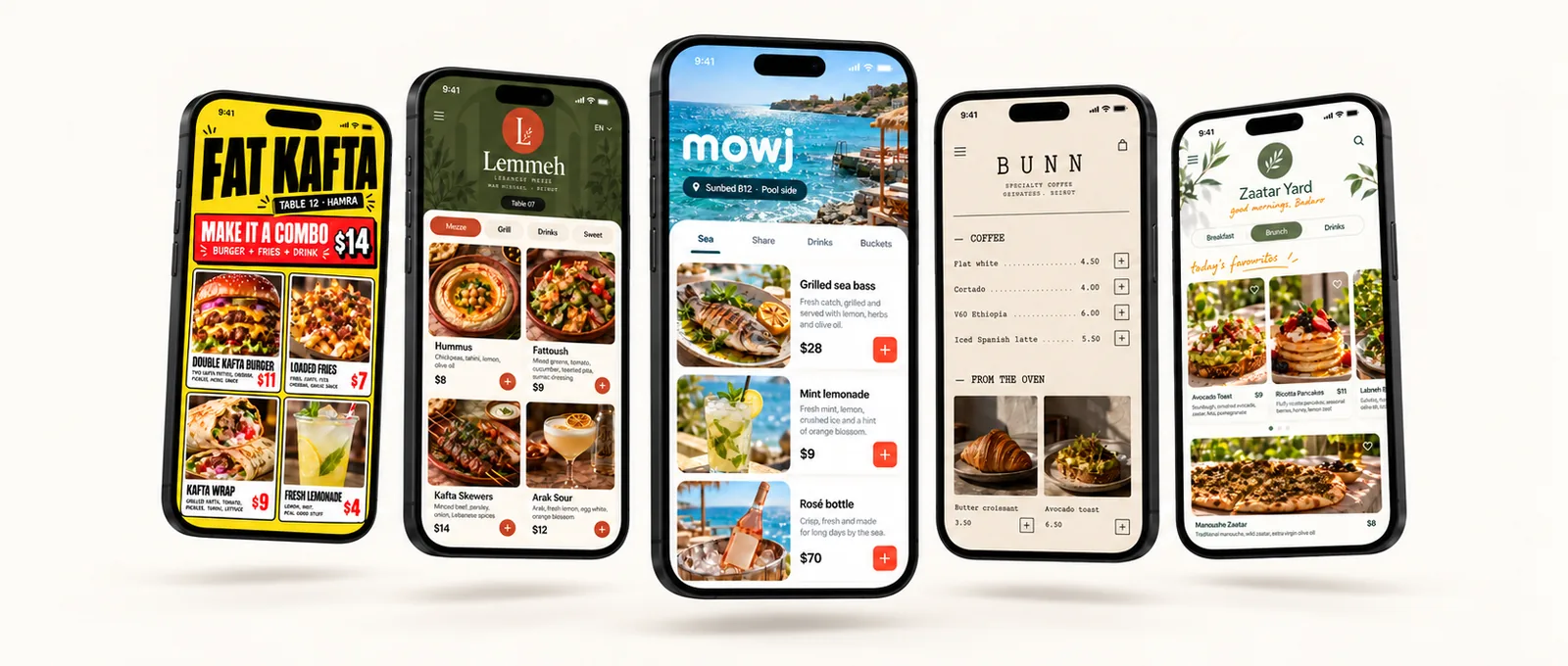 Five menus on five phones, each designed for a different venue: Fat Kafta, Lemmeh, Mowj, Bunn and Zaatar Yard.