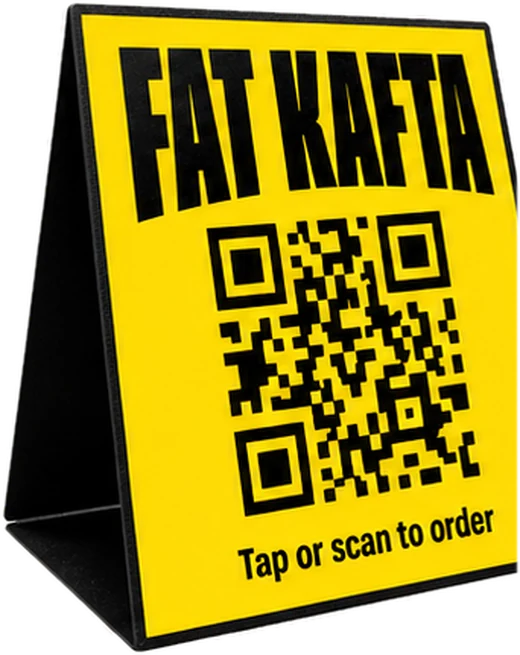 The Fat Kafta table card with its QR code and NFC tag.