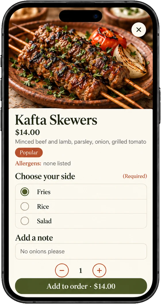 Kafta Skewers, $14, with a required side and a note: no onions please.