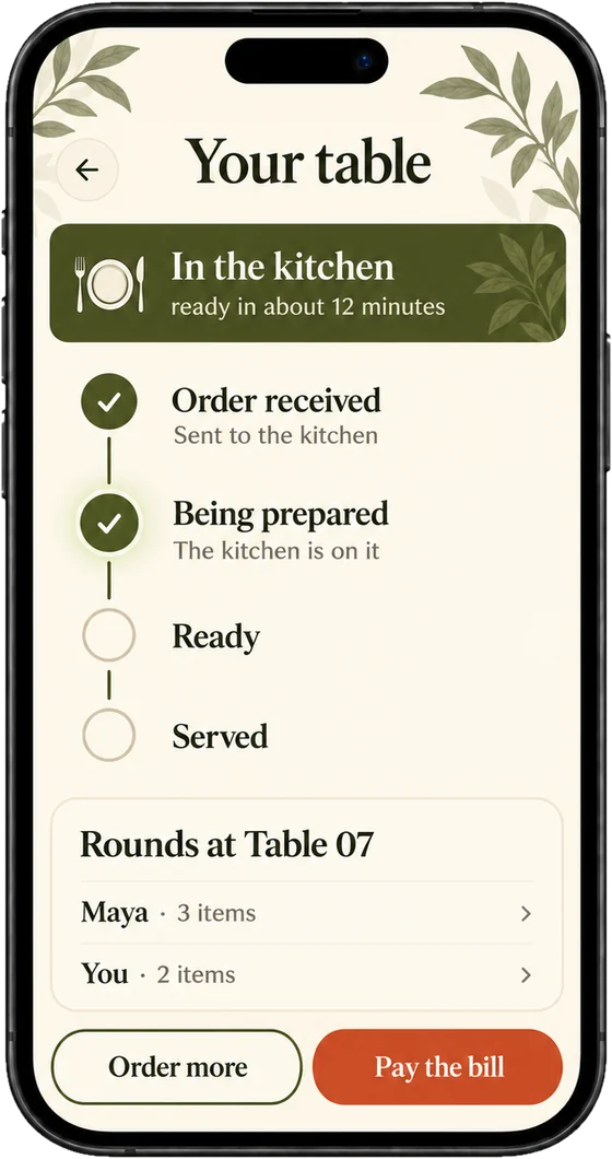 In the kitchen, ready in about 12 minutes, with the rounds at table 07.