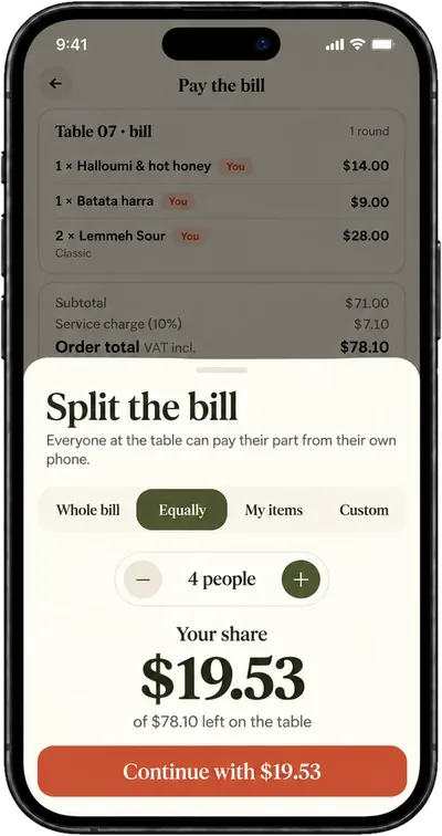 Partager l'addition en quatre : $19.53 chacun sur $78.10.