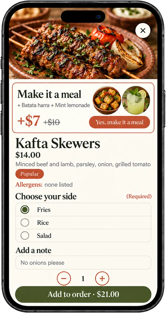 Kafta Skewers with an offer to make it a meal: batata harra and a mint lemonade for $7 more.
