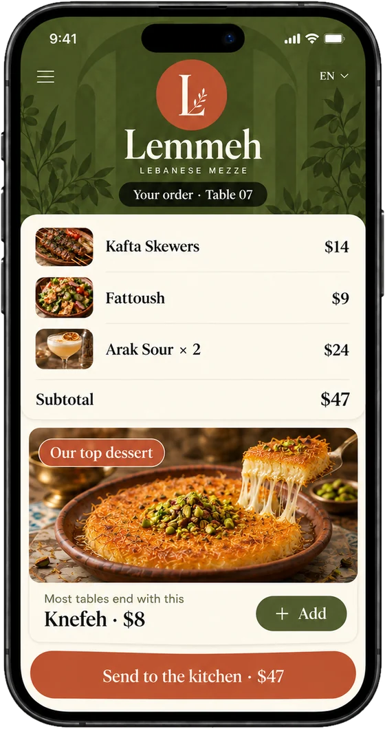 The order at table 07, with Knefeh suggested as the top dessert before it goes to the kitchen.
