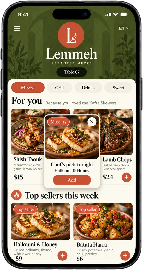 The Lemmeh menu's For you row, with a chef's pick of halloumi and honey, above this week's top sellers.
