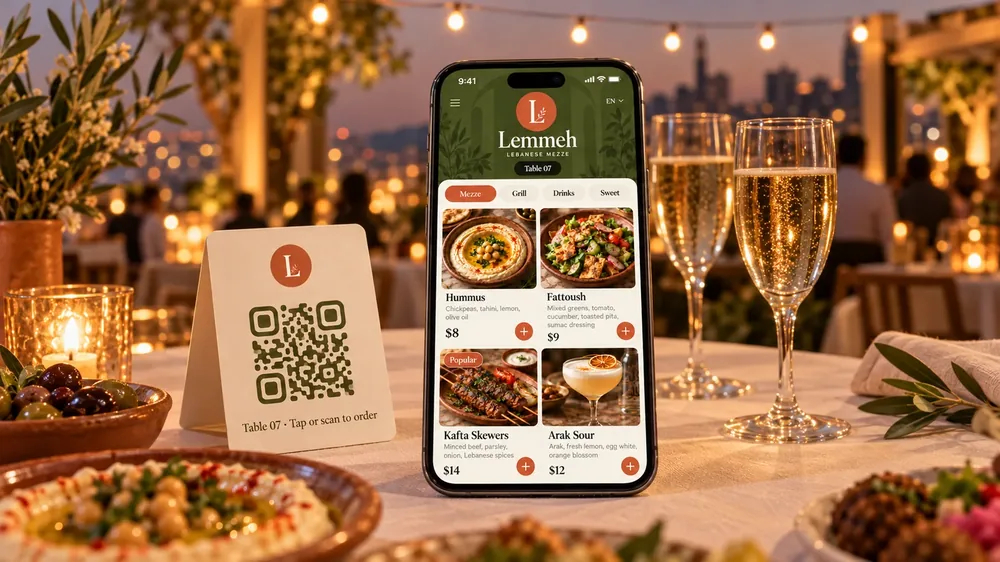 A rooftop event at Lemmeh: a table card and a phone showing the Lemmeh menu on a cocktail table.