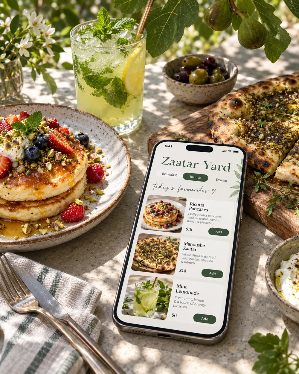 Zaatar Yard's menu on a phone at breakfast.