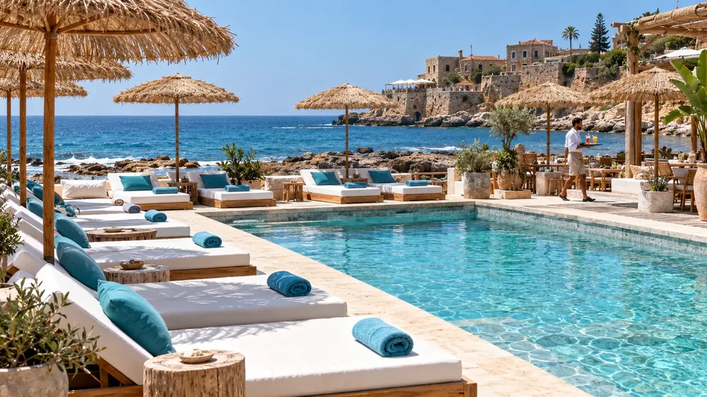 Mowj, a beach club with sunbeds.